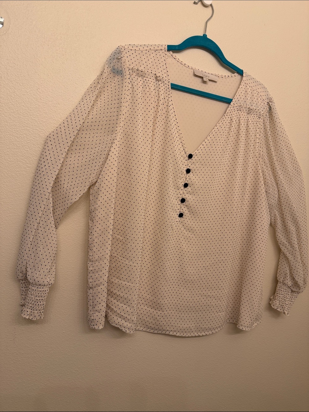LOFT Cream Long-Sleeve Polka Dot V-Neck Blouse with Front Buttons